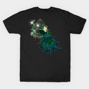 Elegant peacock with cage and flowers T-Shirt